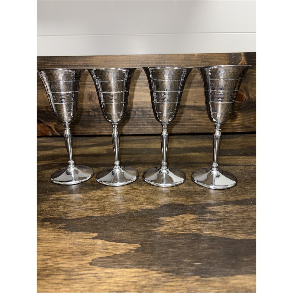 4 Hammered Silver Wine Glass Goblet Krome Kraft farber bros Metal Vtg Art Deco